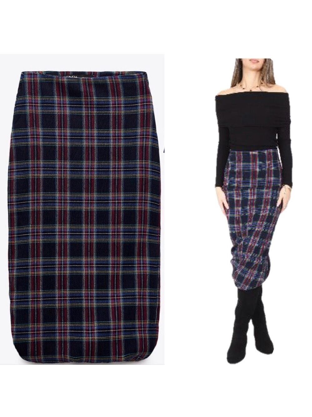 Zara Navy blue red high-rise plaid check midi skirt asymmetrical bubble hem Sz M
